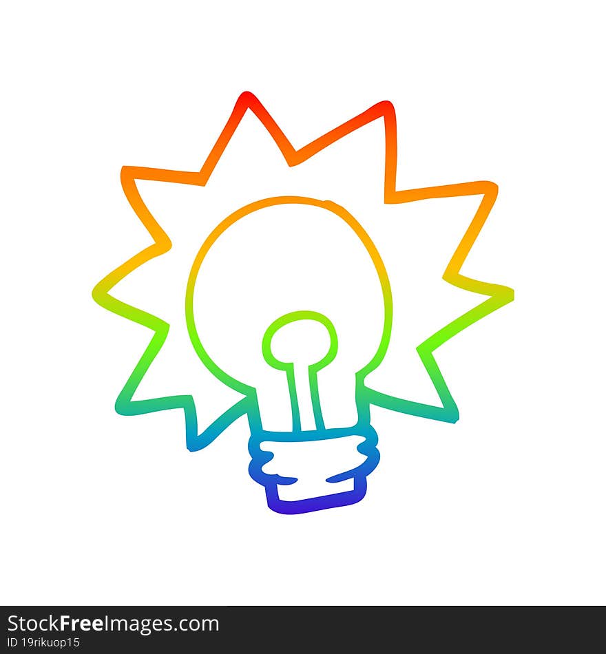 rainbow gradient line drawing of a cartoon shining light bulb