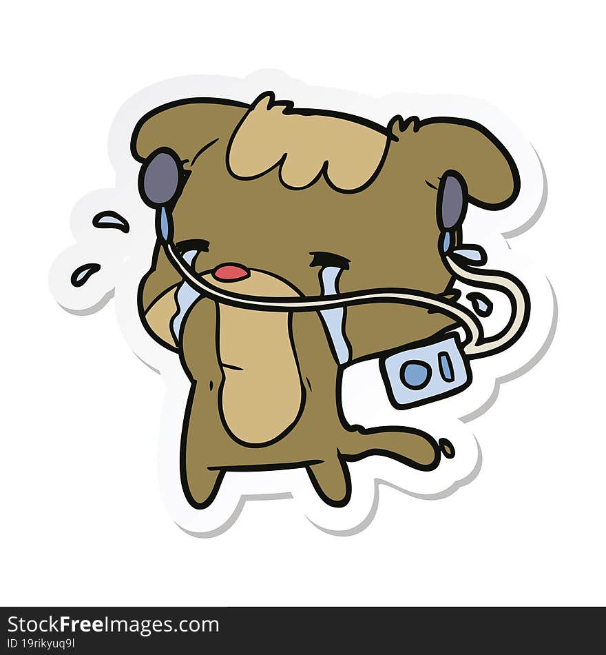 sticker of a cartoon sad dog listening to music