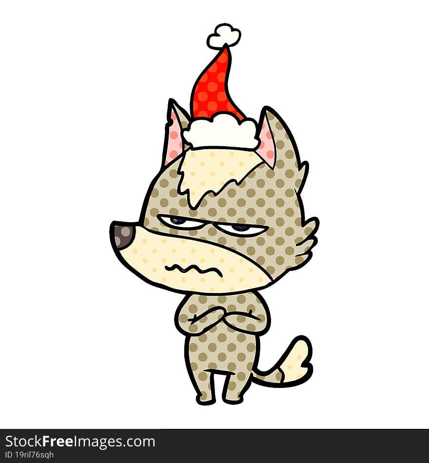 comic book style illustration of a annoyed wolf wearing santa hat