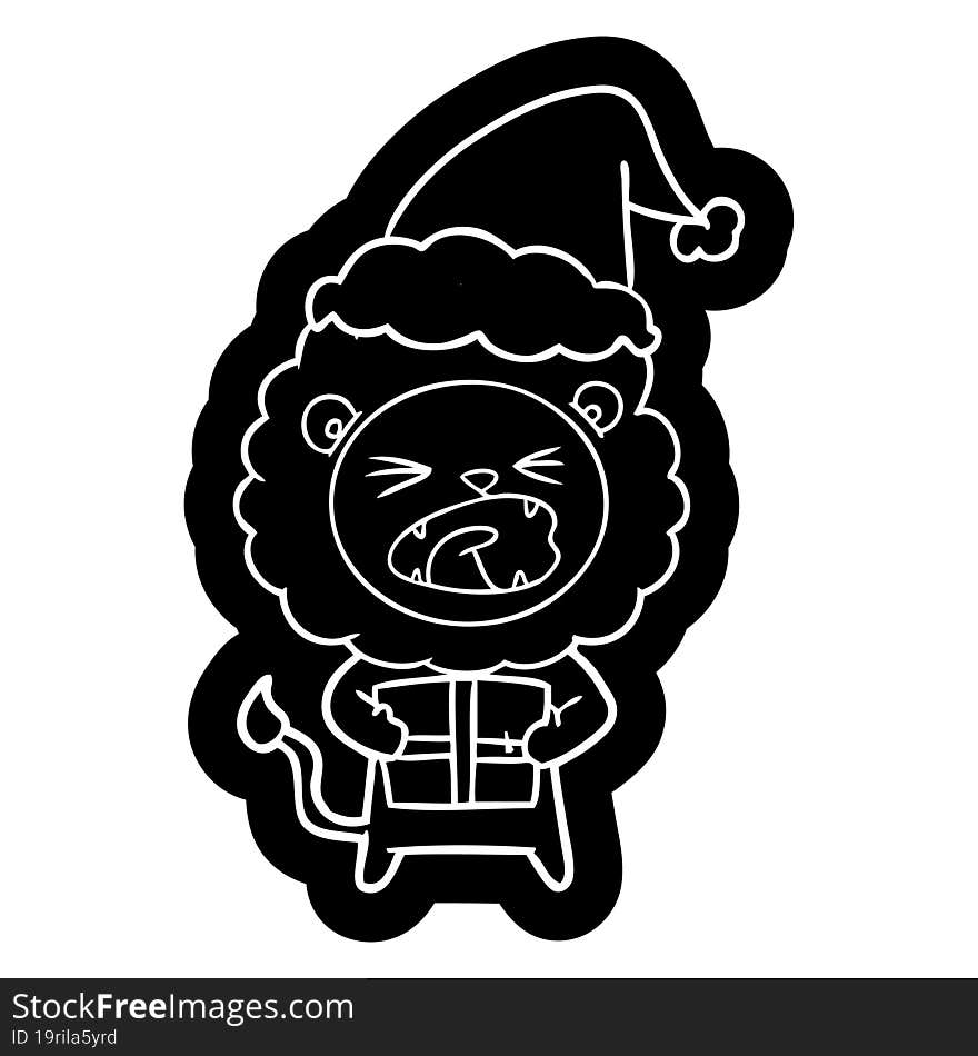 quirky cartoon icon of a lion with christmas present wearing santa hat