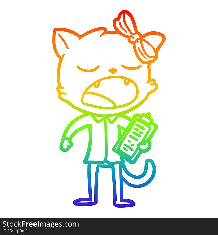 rainbow gradient line drawing of a cartoon yawning cat