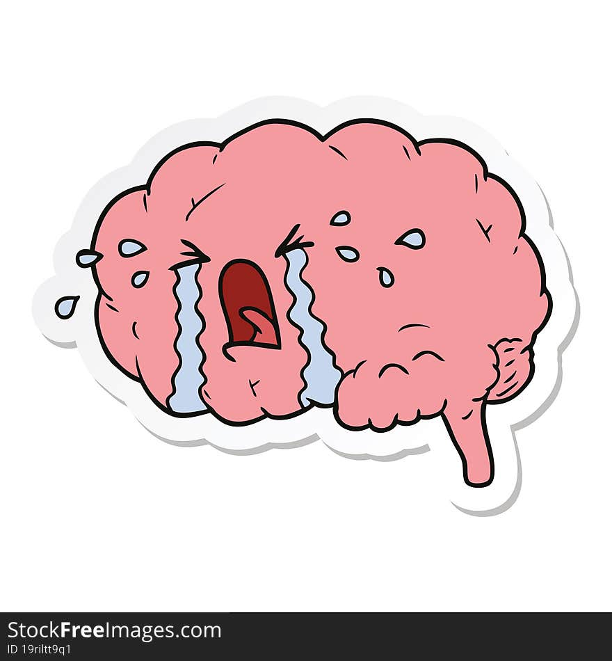 sticker of a cartoon brain crying