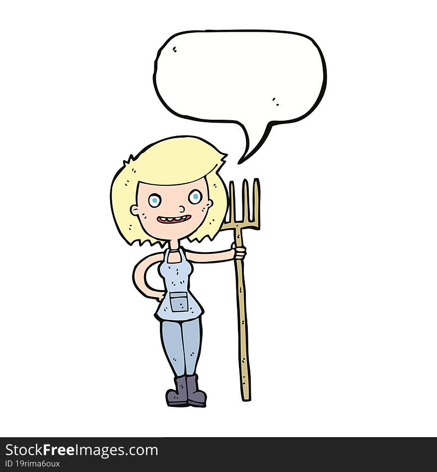 cartoon happy farmer girl with speech bubble