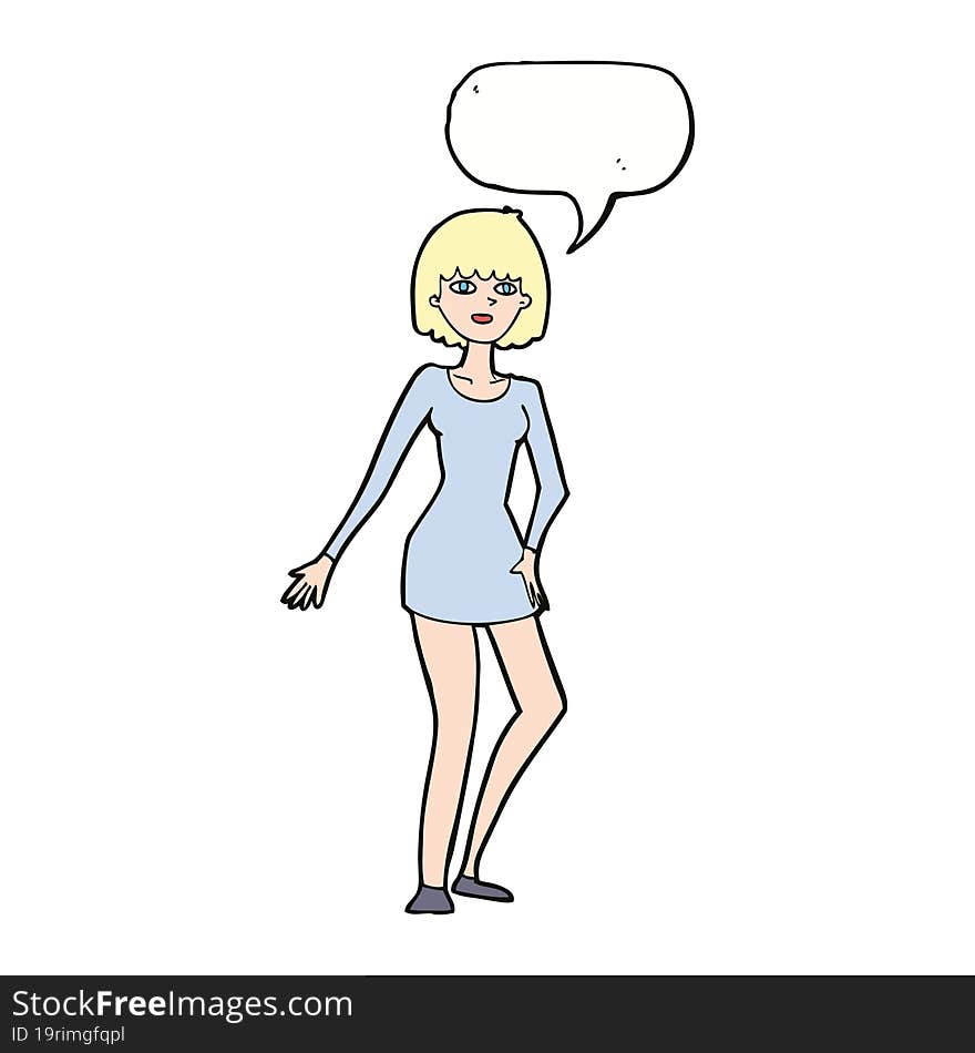 cartoon woman in dress with speech bubble