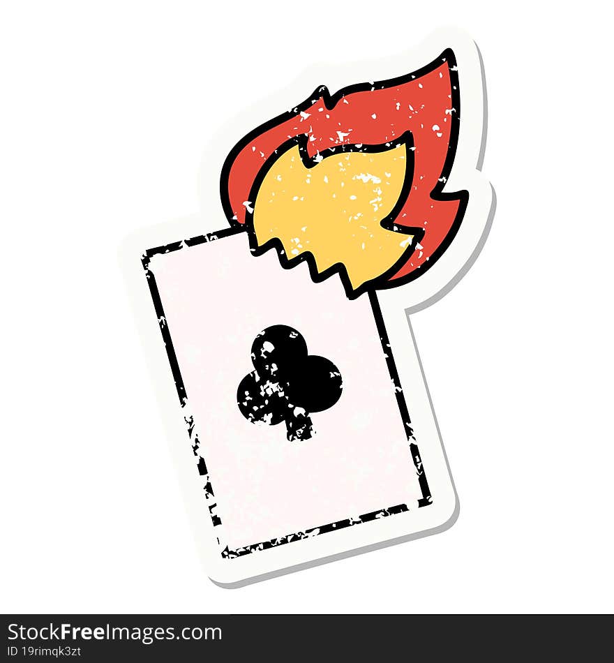 traditional distressed sticker tattoo of a flaming card