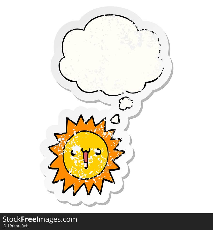 cartoon sun and thought bubble as a distressed worn sticker