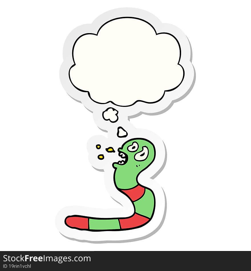 cartoon frightened worm with thought bubble as a printed sticker