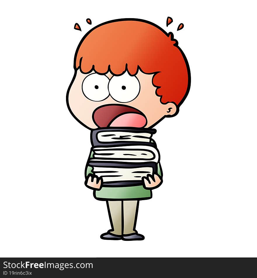 cartoon shocked boy with stack of books. cartoon shocked boy with stack of books