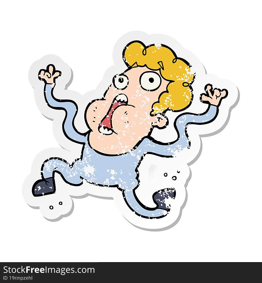 Distressed Sticker Of A Cartoon Terrified Man