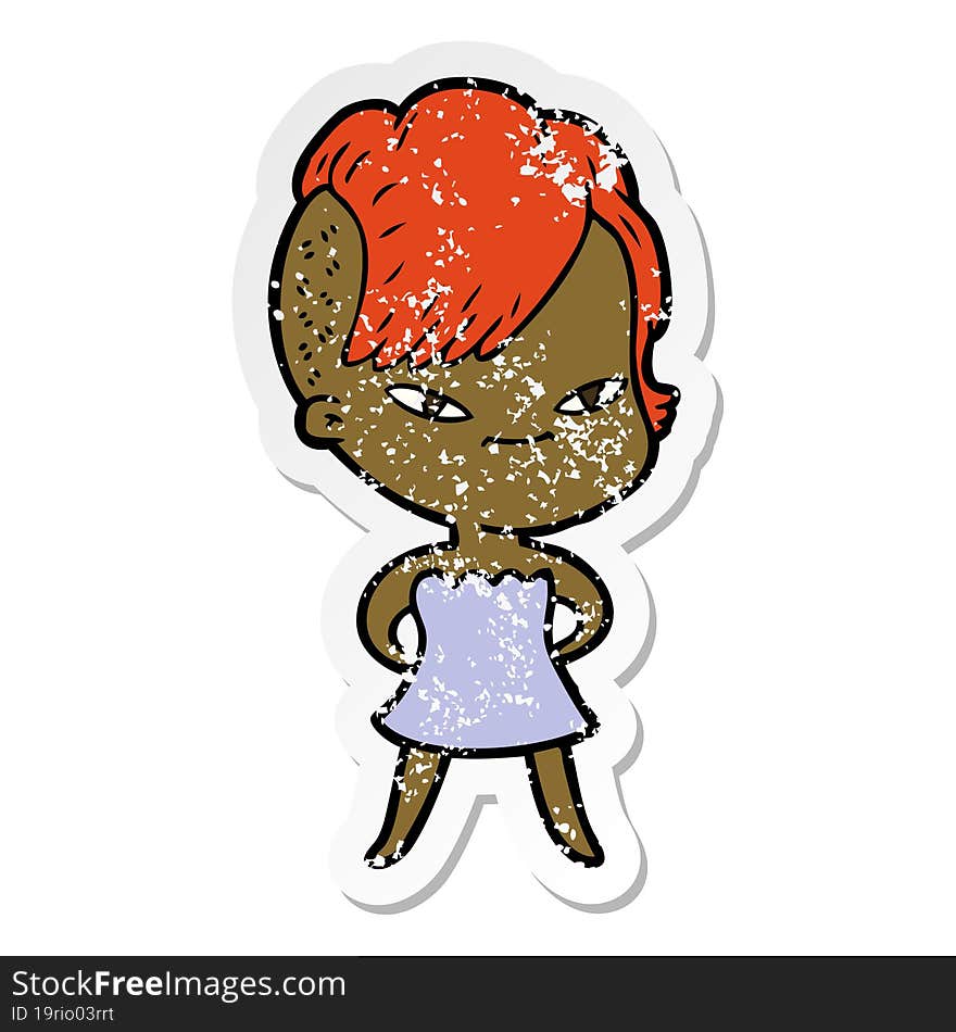 distressed sticker of a cute cartoon girl with hipster haircut