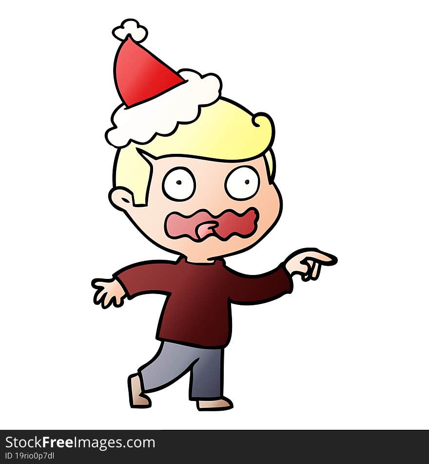 hand drawn gradient cartoon of a stressed out pointing wearing santa hat