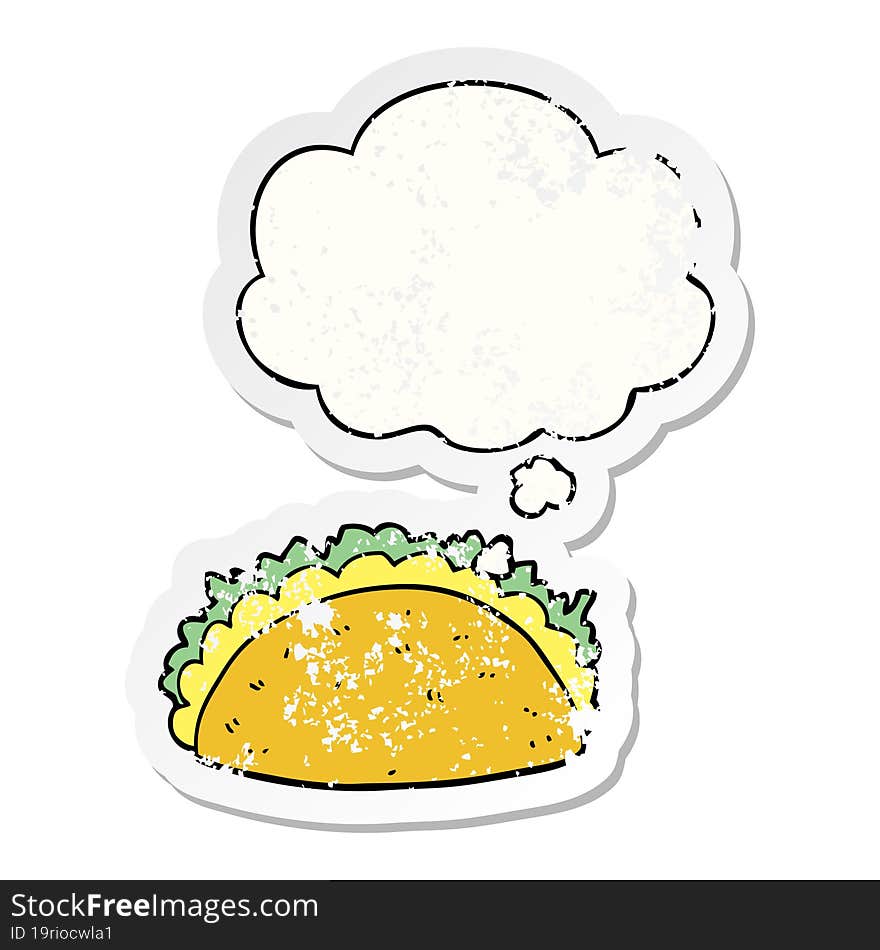 cartoon taco and thought bubble as a distressed worn sticker