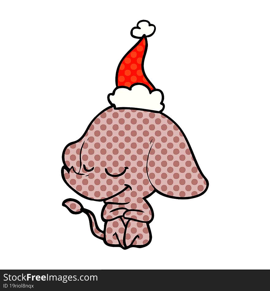 comic book style illustration of a smiling elephant wearing santa hat