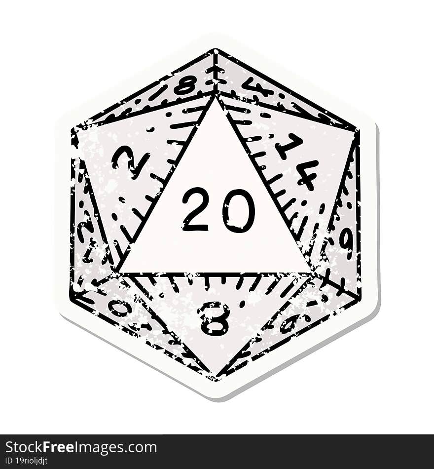 grunge sticker of a natural 20 D20 dice roll. grunge sticker of a natural 20 D20 dice roll