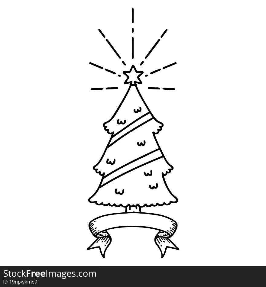 scroll banner with black line work tattoo style christmas tree with star