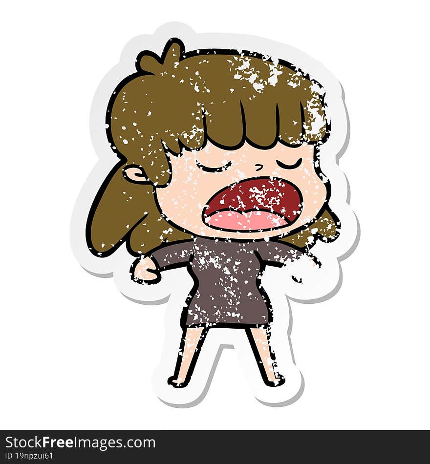 distressed sticker of a cartoon woman talking loudly