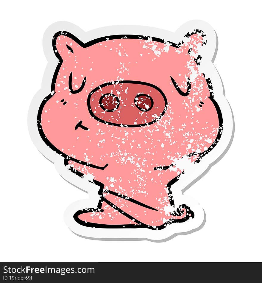 distressed sticker of a cartoon content pig