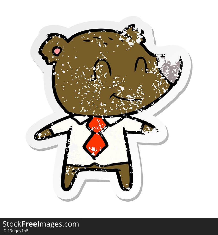 distressed sticker of a cartoon bear in shirt and tie