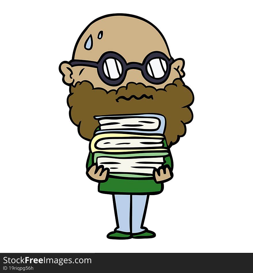 cartoon worried man with beard and stack of books. cartoon worried man with beard and stack of books