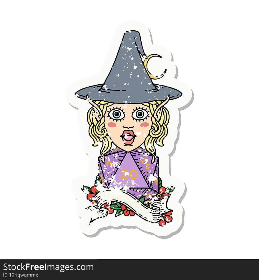 grunge sticker of a elf mage character with natural twenty dice roll. grunge sticker of a elf mage character with natural twenty dice roll