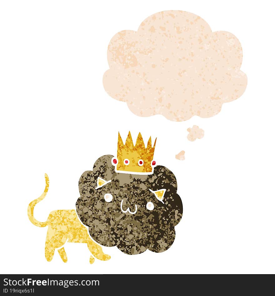 Cartoon Lion With Crown And Thought Bubble In Retro Textured Style