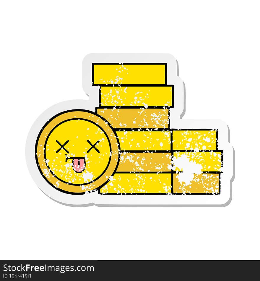 distressed sticker of a cute cartoon coins