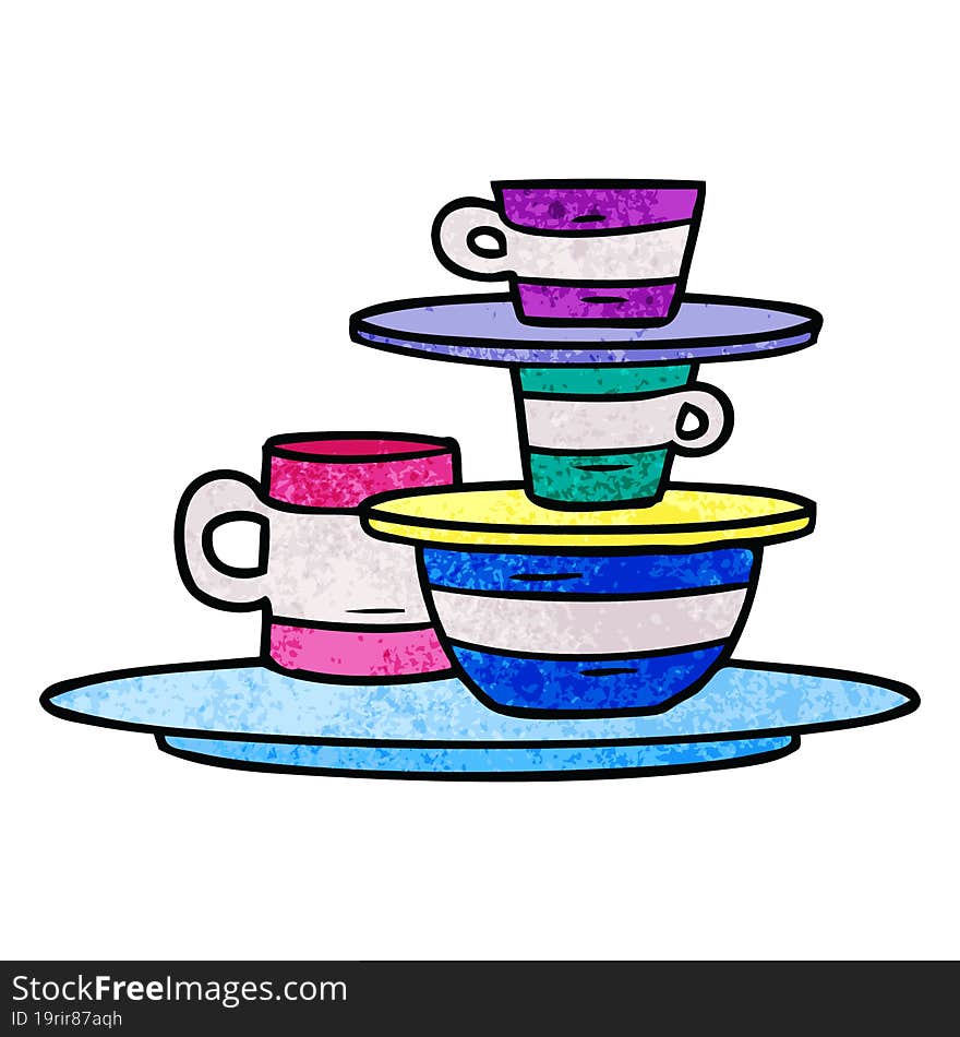 textured cartoon doodle of colourful bowls and plates