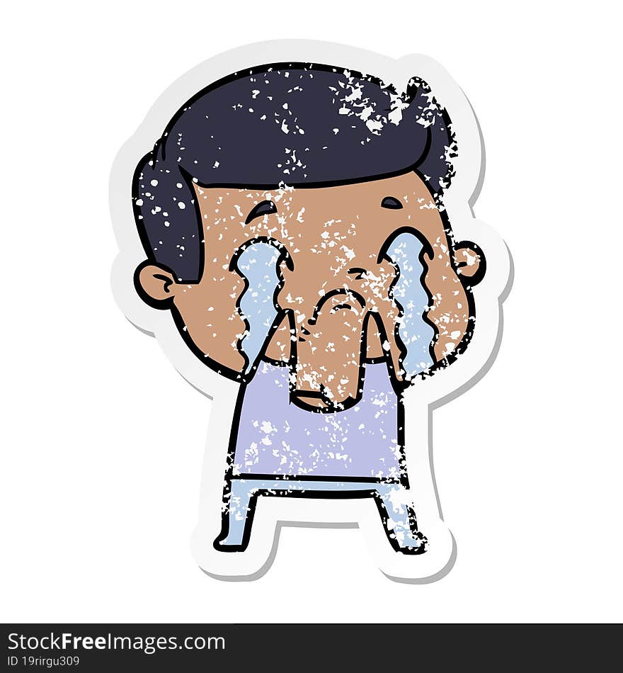 distressed sticker of a cartoon man crying