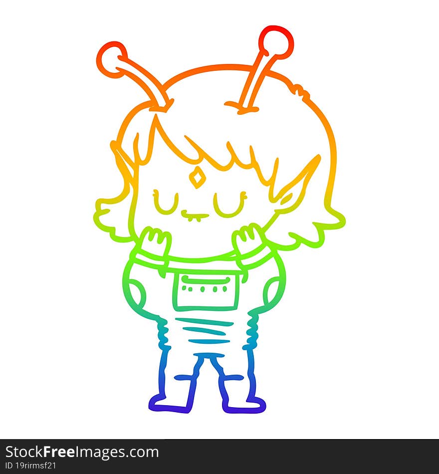 rainbow gradient line drawing of a cartoon alien girl