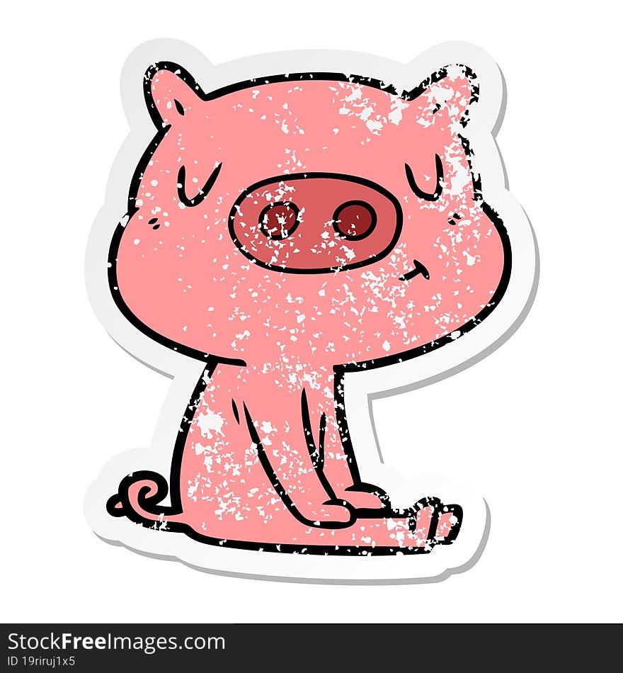 Distressed Sticker Of A Cartoon Content Pig Meditating