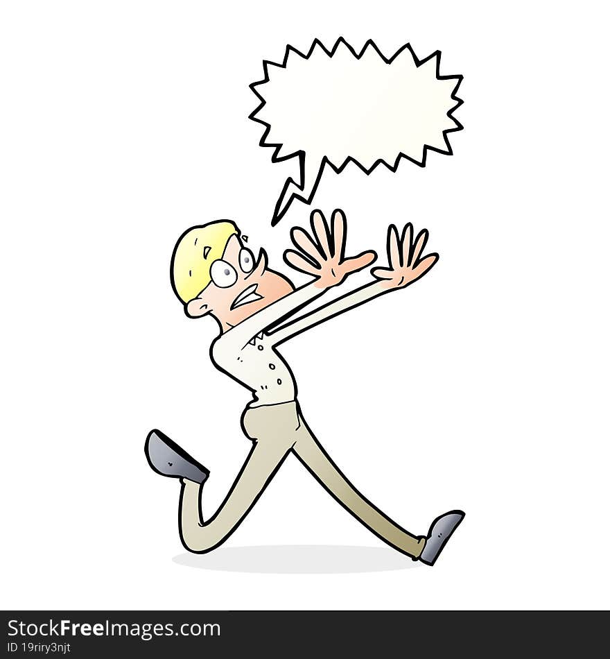 cartoon man running away with speech bubble