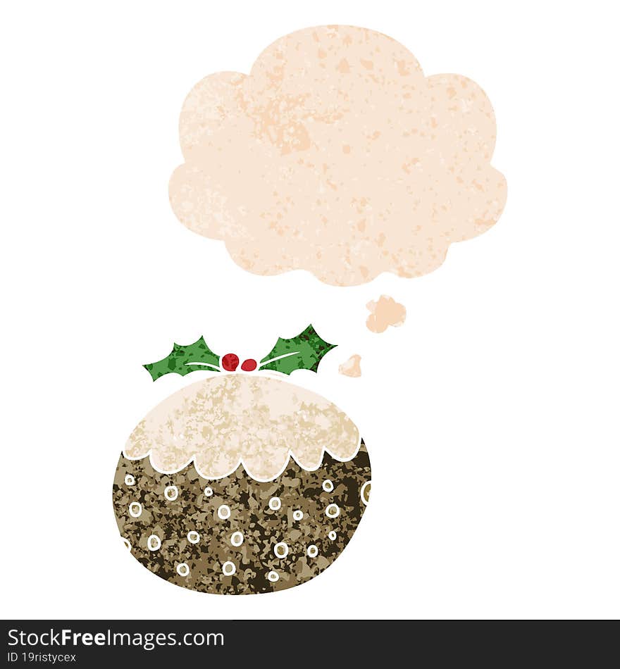 cartoon christmas pudding and thought bubble in retro textured style