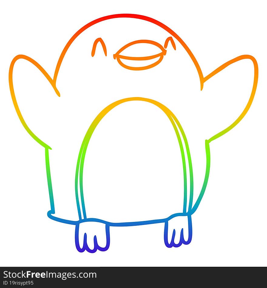 rainbow gradient line drawing of a cartoon penguin jumping for joy