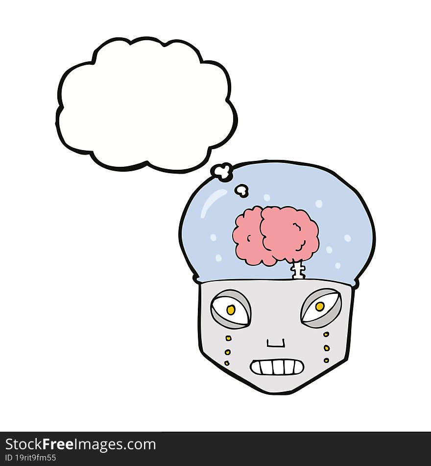 cartoon spooky robot head with thought bubble