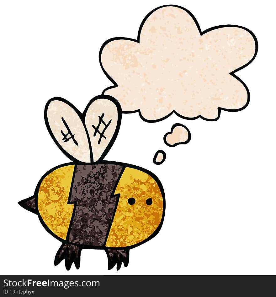 cartoon bee and thought bubble in grunge texture pattern style