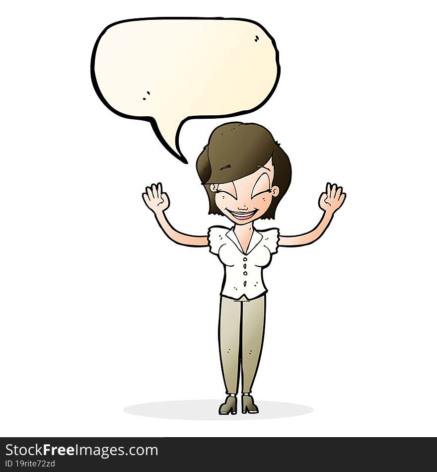 Cartoon Pretty Woman With Hands In Air With Speech Bubble