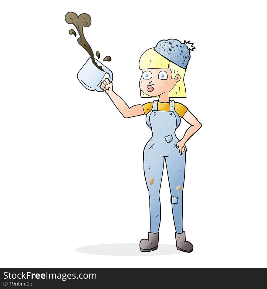 freehand drawn cartoon female worker with coffee mug