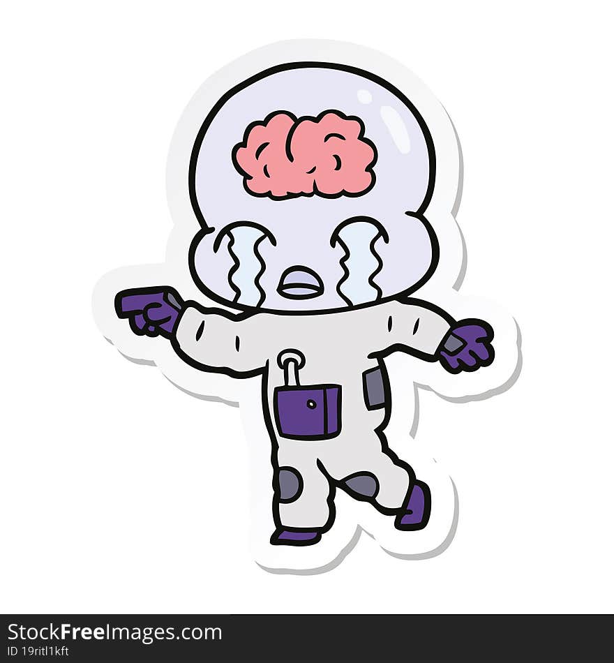 sticker of a cartoon big brain alien crying