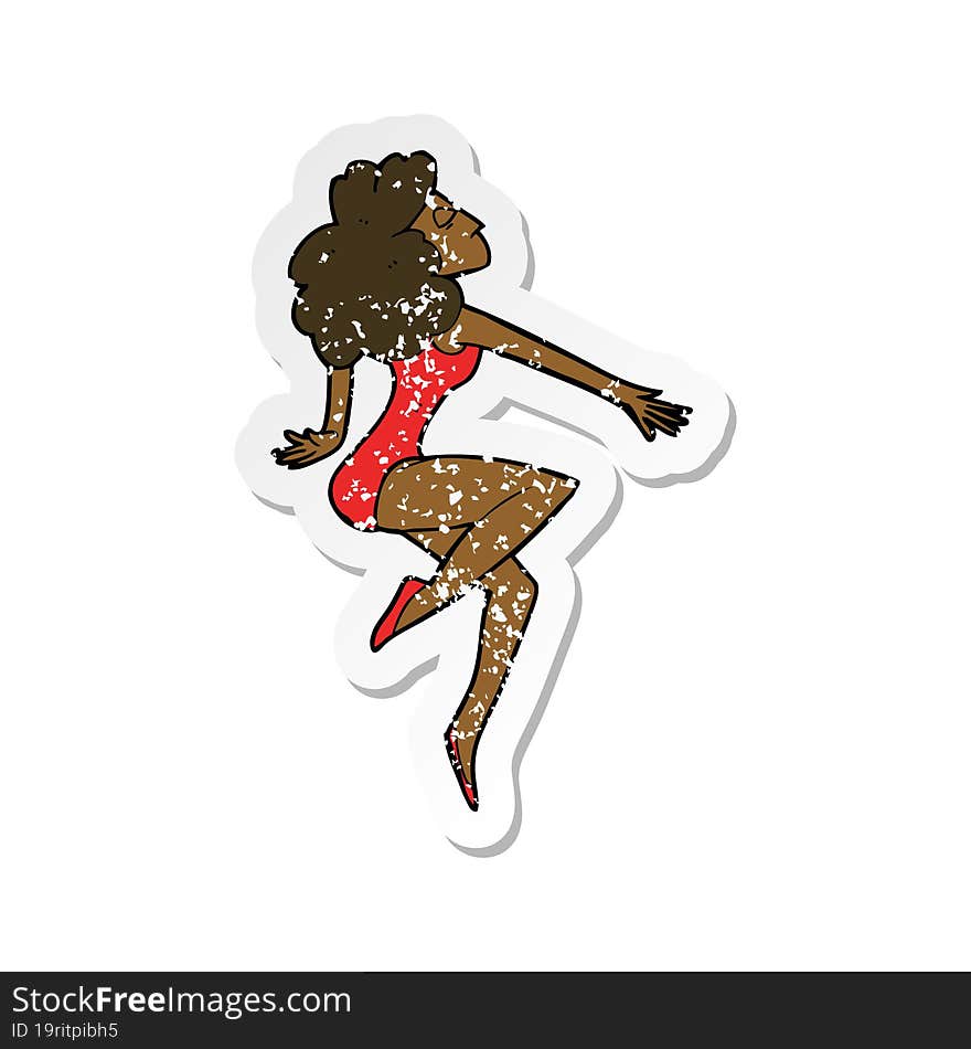 Retro Distressed Sticker Of A Cartoon Dancing Woman