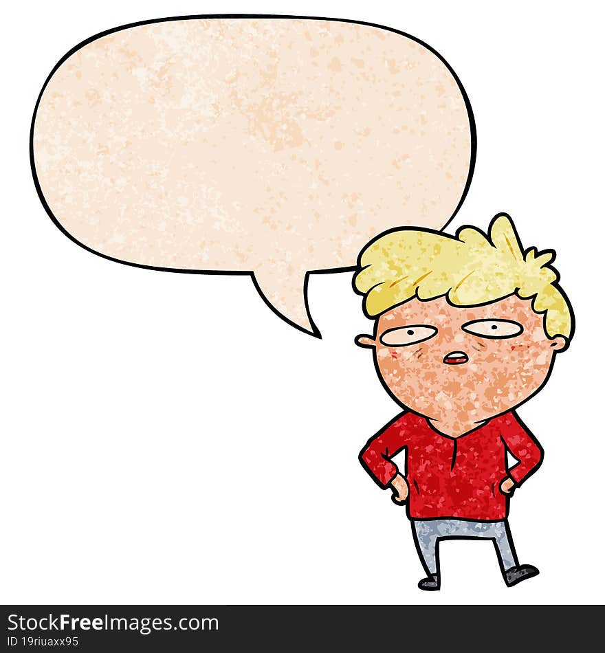 cartoon impatient man and speech bubble in retro texture style