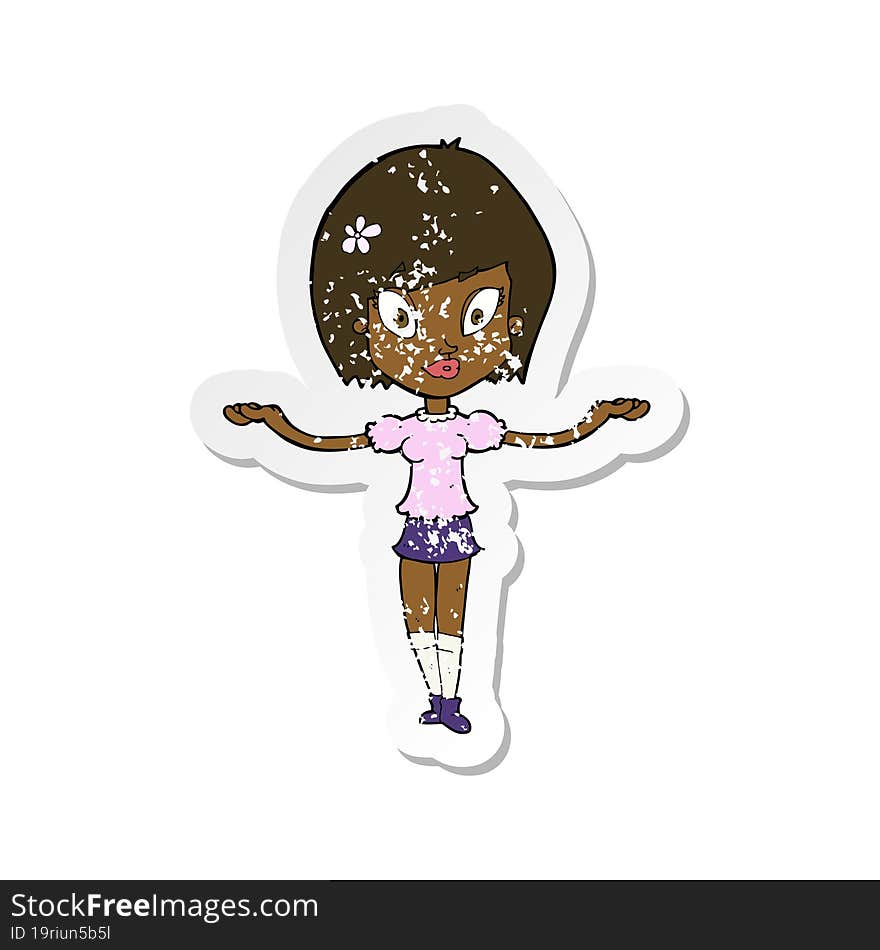 retro distressed sticker of a cartoon woman making balancing gesture