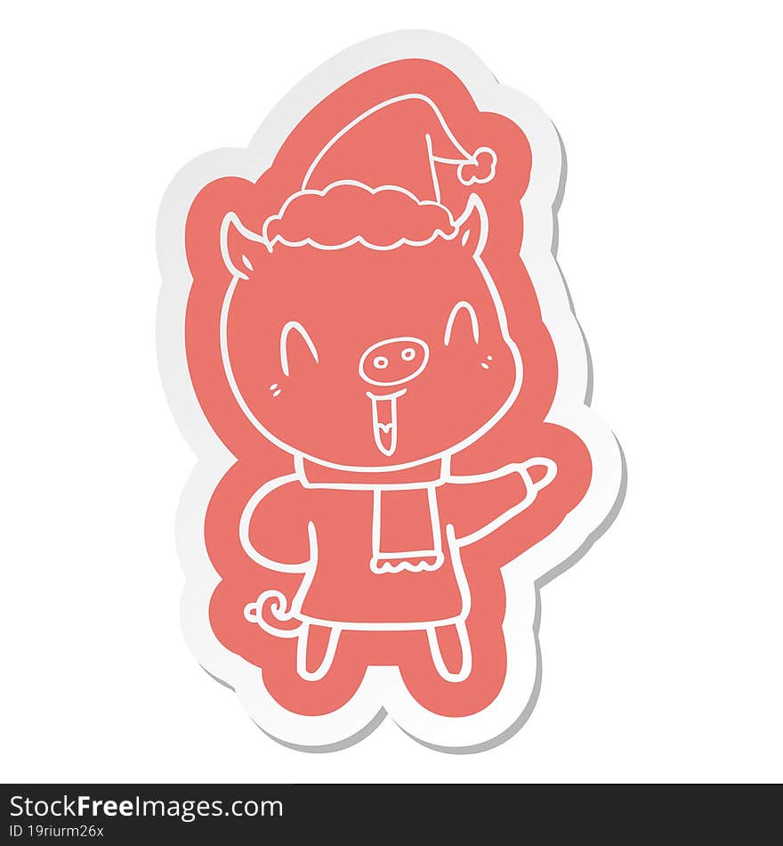 happy cartoon  sticker of a pig in winter clothes wearing santa hat