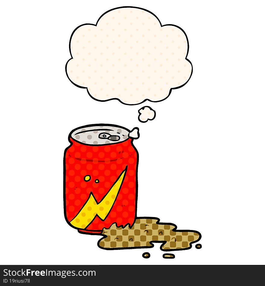 cartoon soda can with thought bubble in comic book style