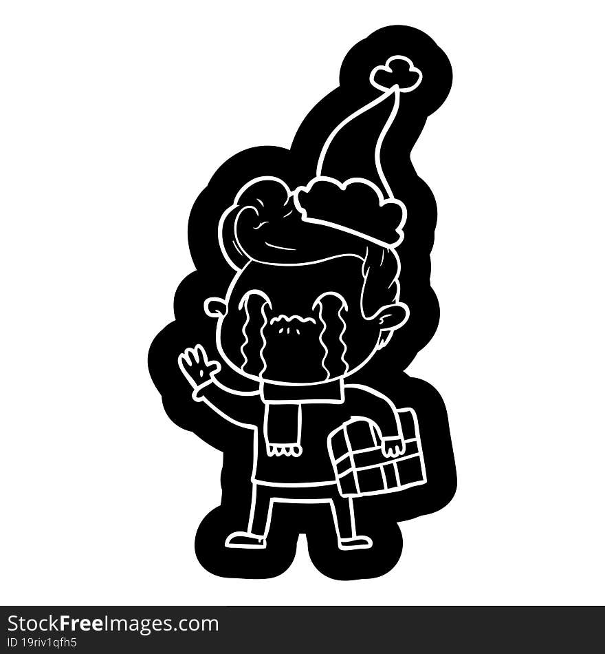 cartoon icon of a man crying wearing santa hat