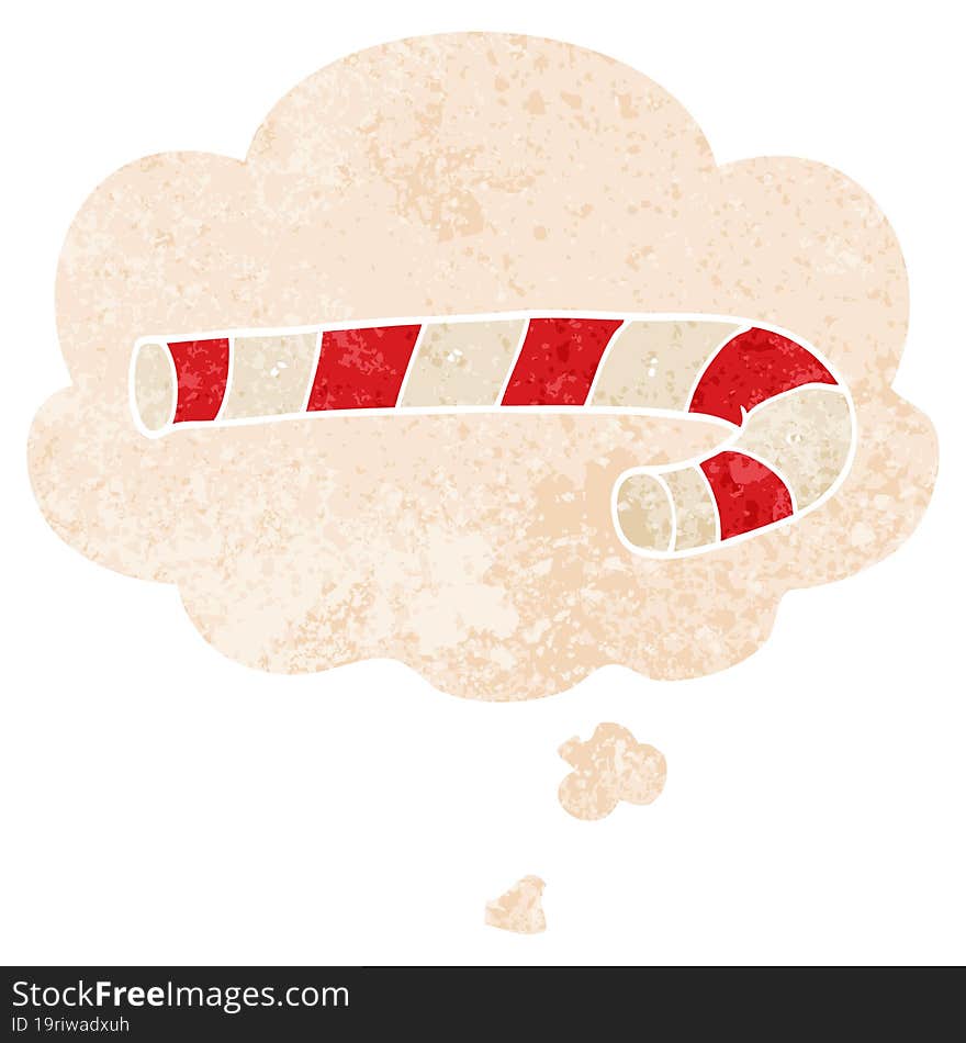 Cartoon Candy Cane And Thought Bubble In Retro Textured Style