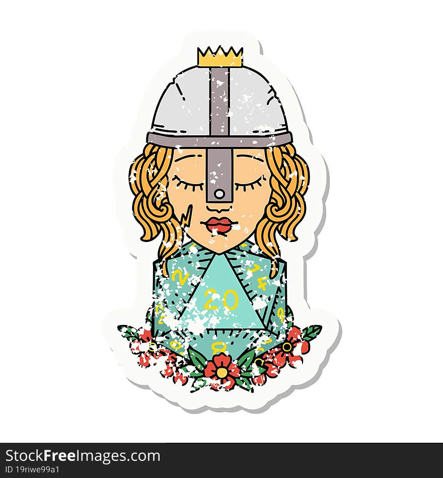 grunge sticker of a human fighter with natural 20 D20 dice roll. grunge sticker of a human fighter with natural 20 D20 dice roll