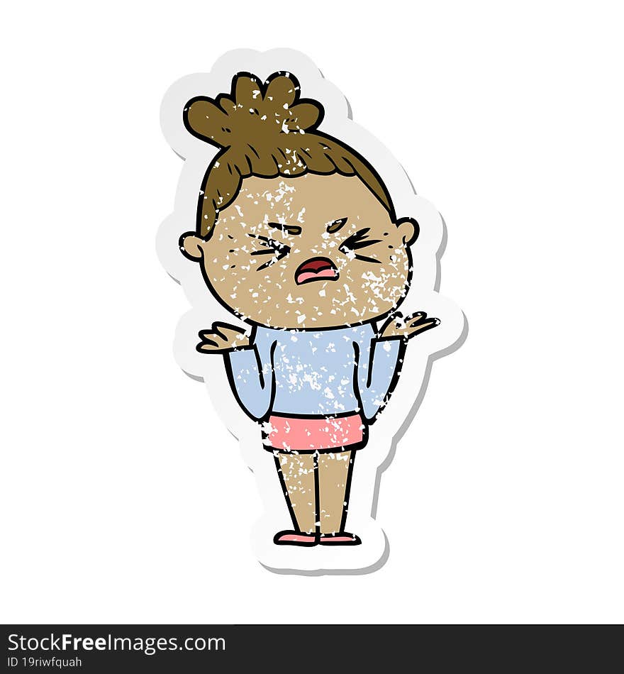 distressed sticker of a cartoon angry woman