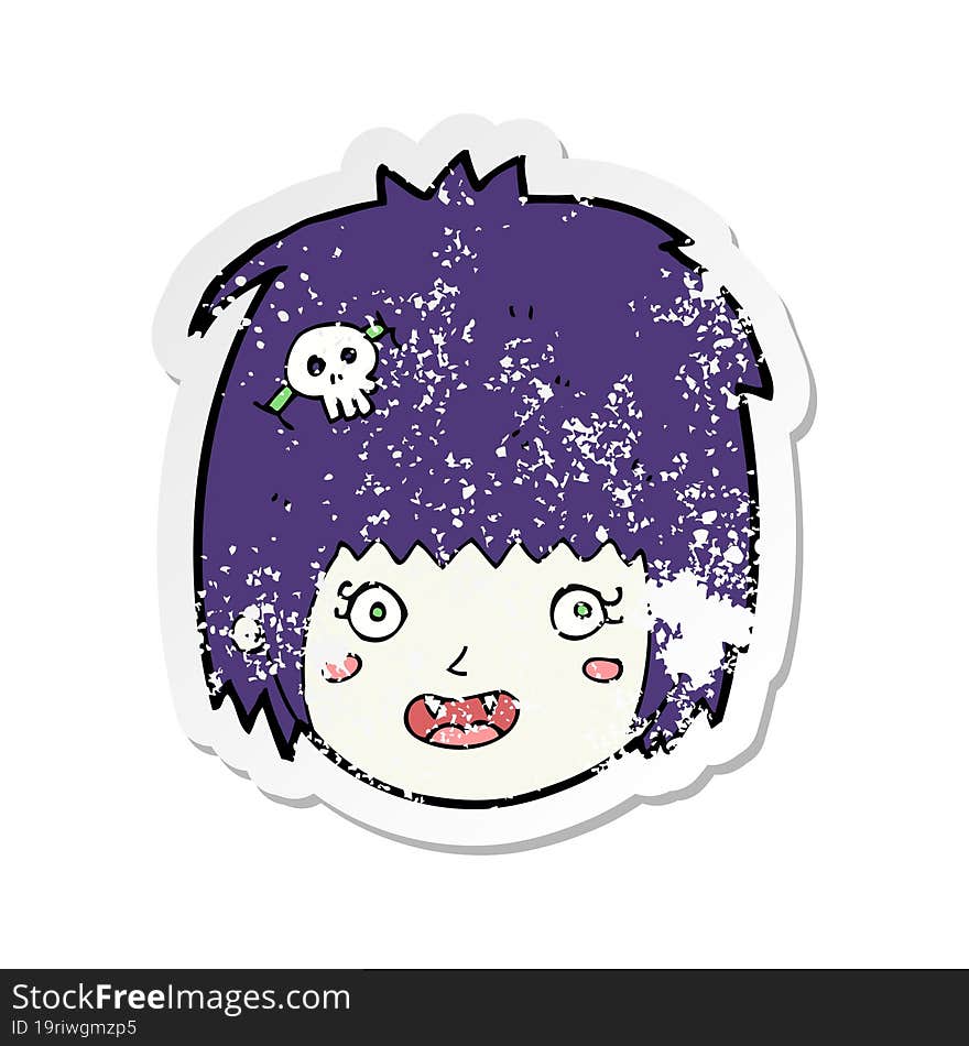 retro distressed sticker of a cartoon happy vampire girl face