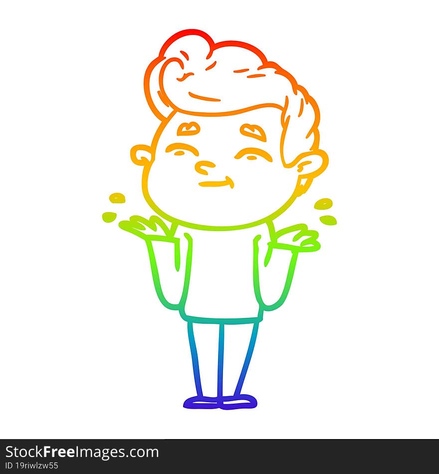 rainbow gradient line drawing happy cartoon man shrugging