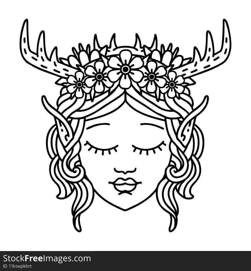 Black and White Tattoo linework Style elf druid character face. Black and White Tattoo linework Style elf druid character face